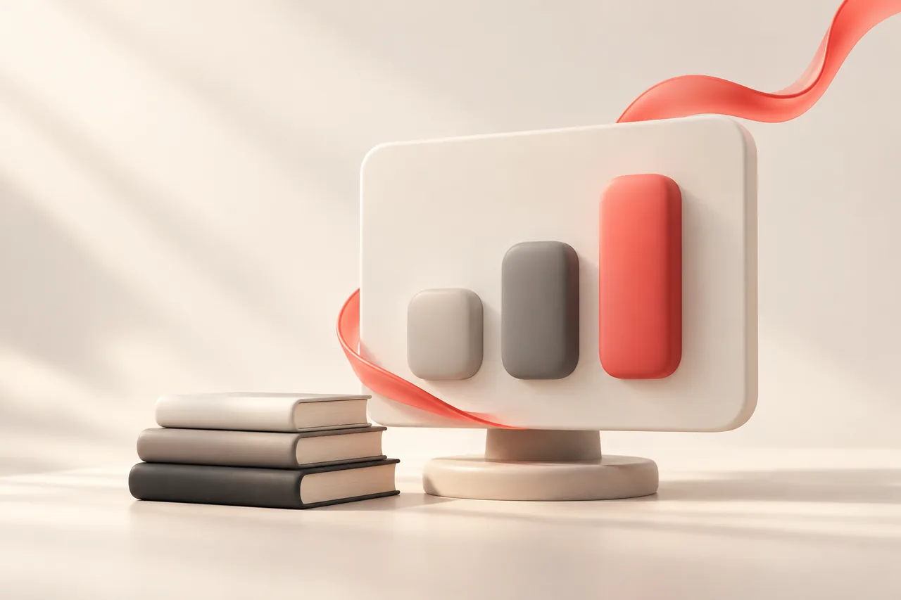 A cream presentation card with coral bars and a stack of books for e-learning narration