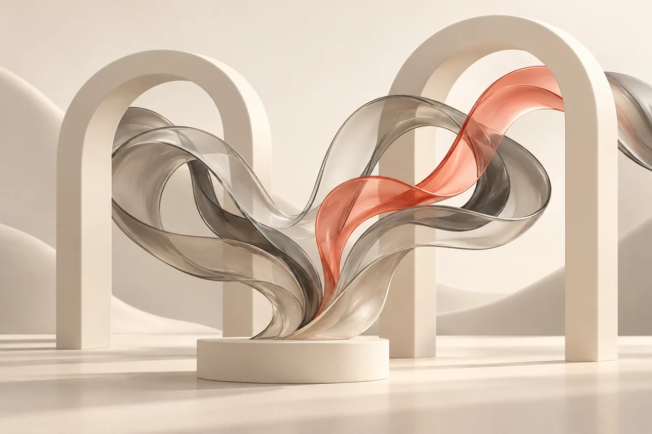 Two cream arches framing glass ribbons for Arabic text to speech