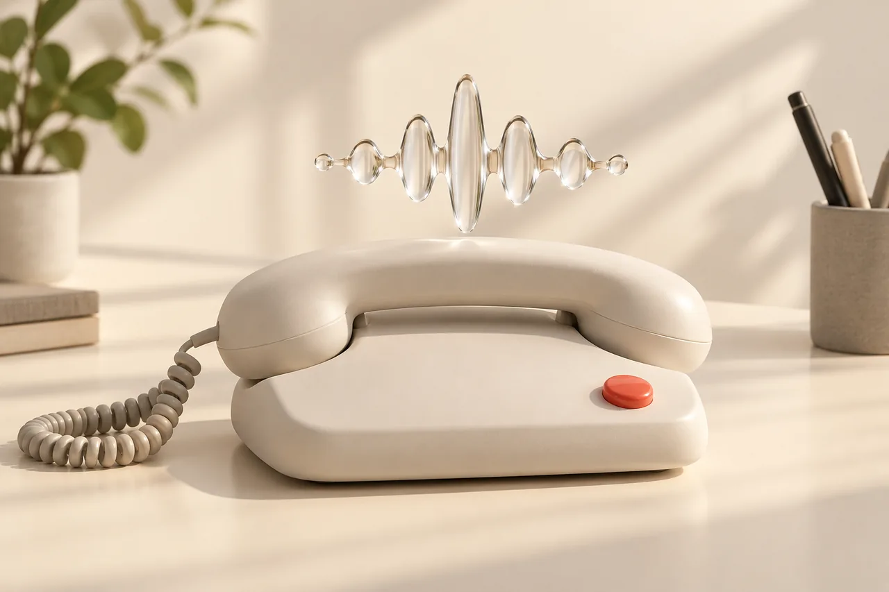 A desk phone with a glass waveform for an IVR voice generator