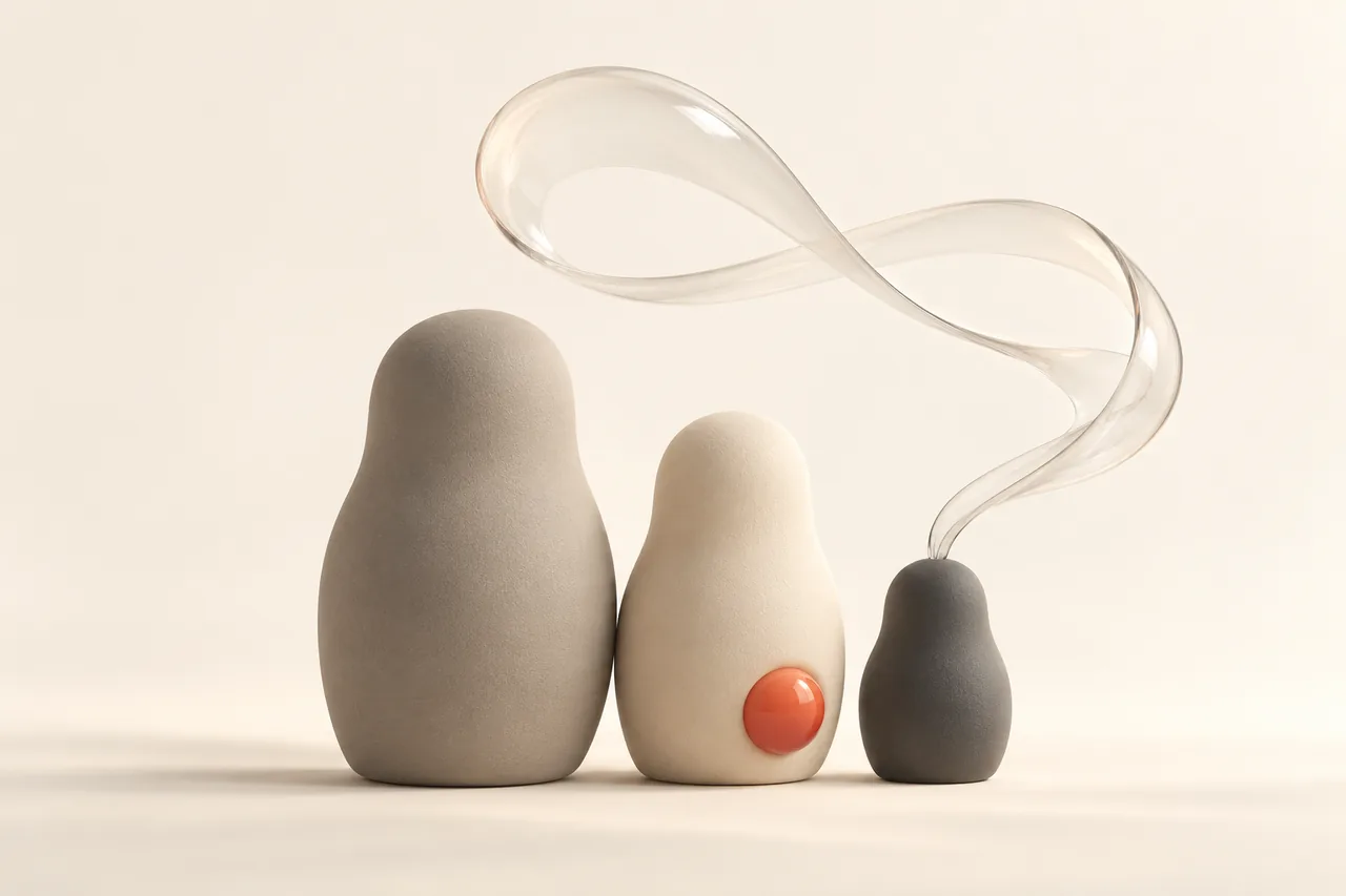 Three matte nesting-doll forms with a glass voice ribbon for Russian text to speech