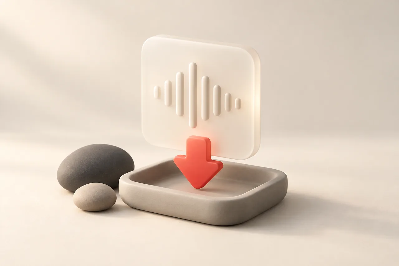 A soft glass audio card saving into a tray — downloadable speech files