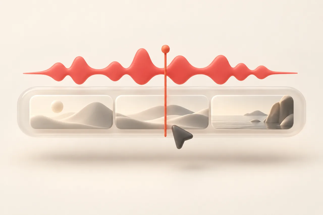 A soft glass editing timeline with a coral waveform for CapCut voiceovers