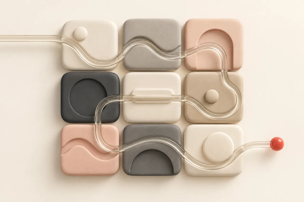 A grid of rounded tiles connected by a single glass voice ribbon for AI voice use cases