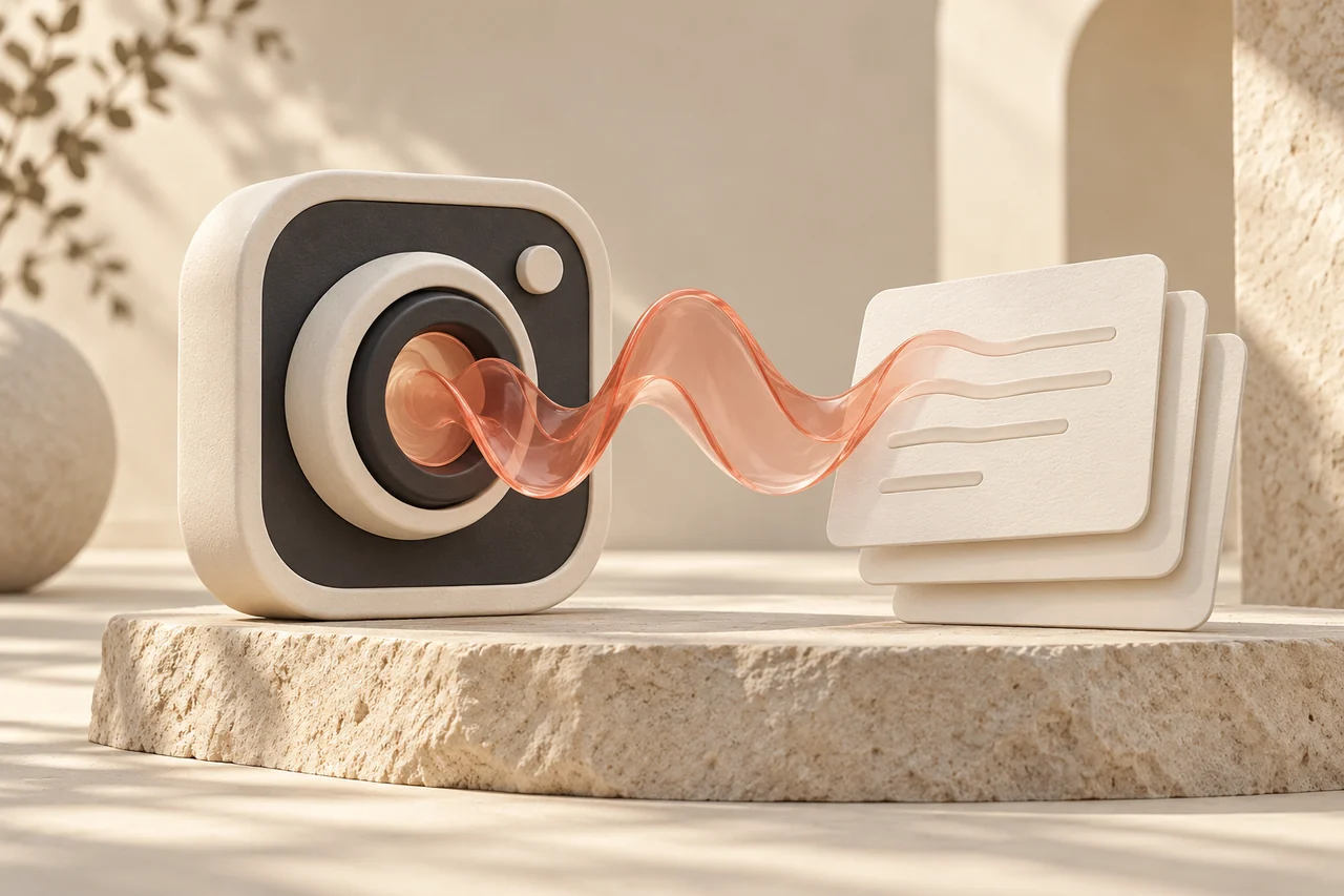 A rounded camera frame and coral voice ribbon flowing into a short transcript card for Instagram