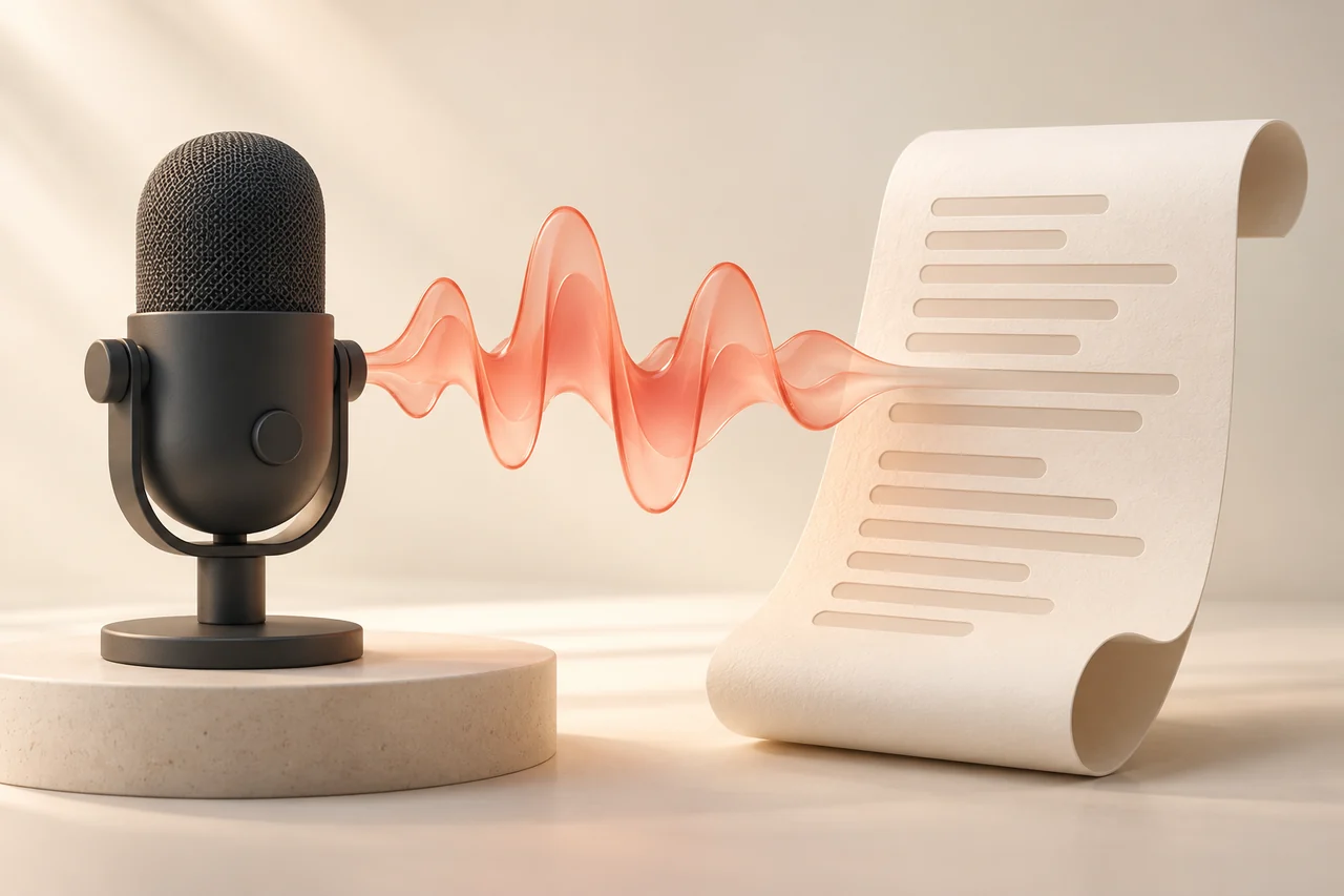 A podcast microphone feeding a coral glass voice ribbon into a curled transcript sheet