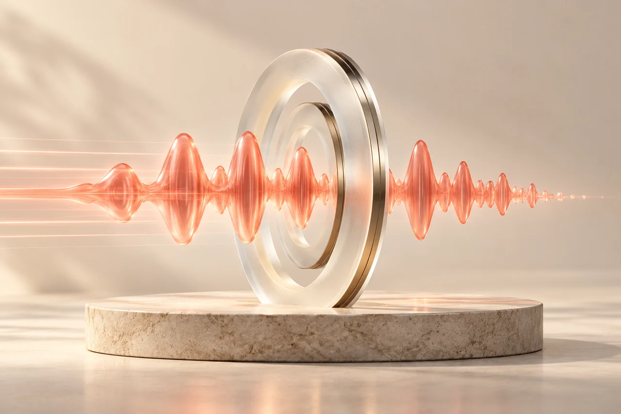 A translucent coral voice ribbon passing through a glass timing ring for real-time text to speech