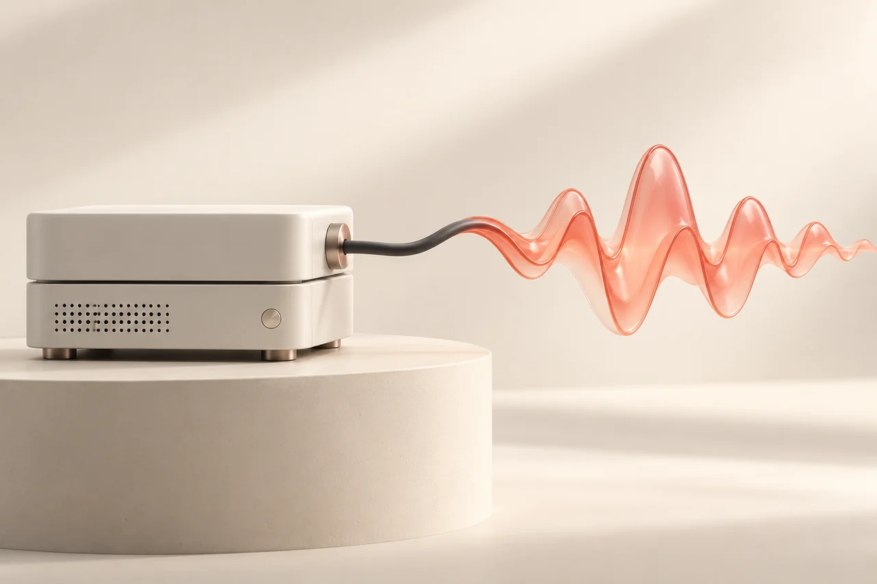 A cream server module with a cable turning into a coral glass waveform for a text to speech API