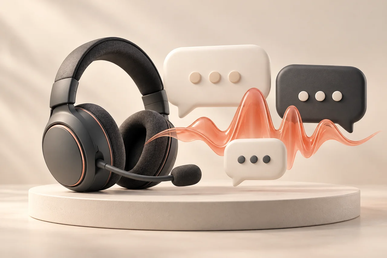 A matte gaming headset with rounded chat bubbles and a coral glass waveform for Discord text to speech