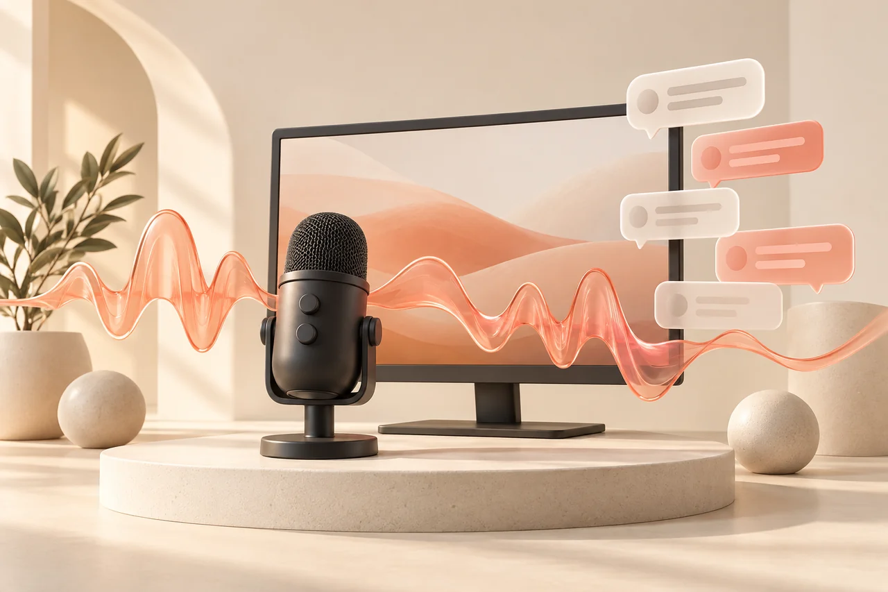 A streaming monitor and microphone with chat bubbles and a coral glass voice waveform for Twitch text to speech