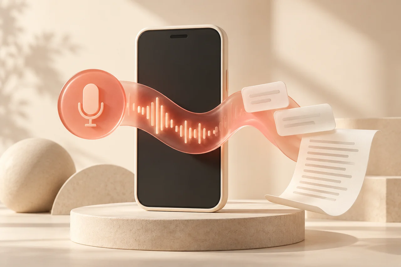An abstract vertical phone frame with a coral voice ribbon becoming text for a TikTok transcript