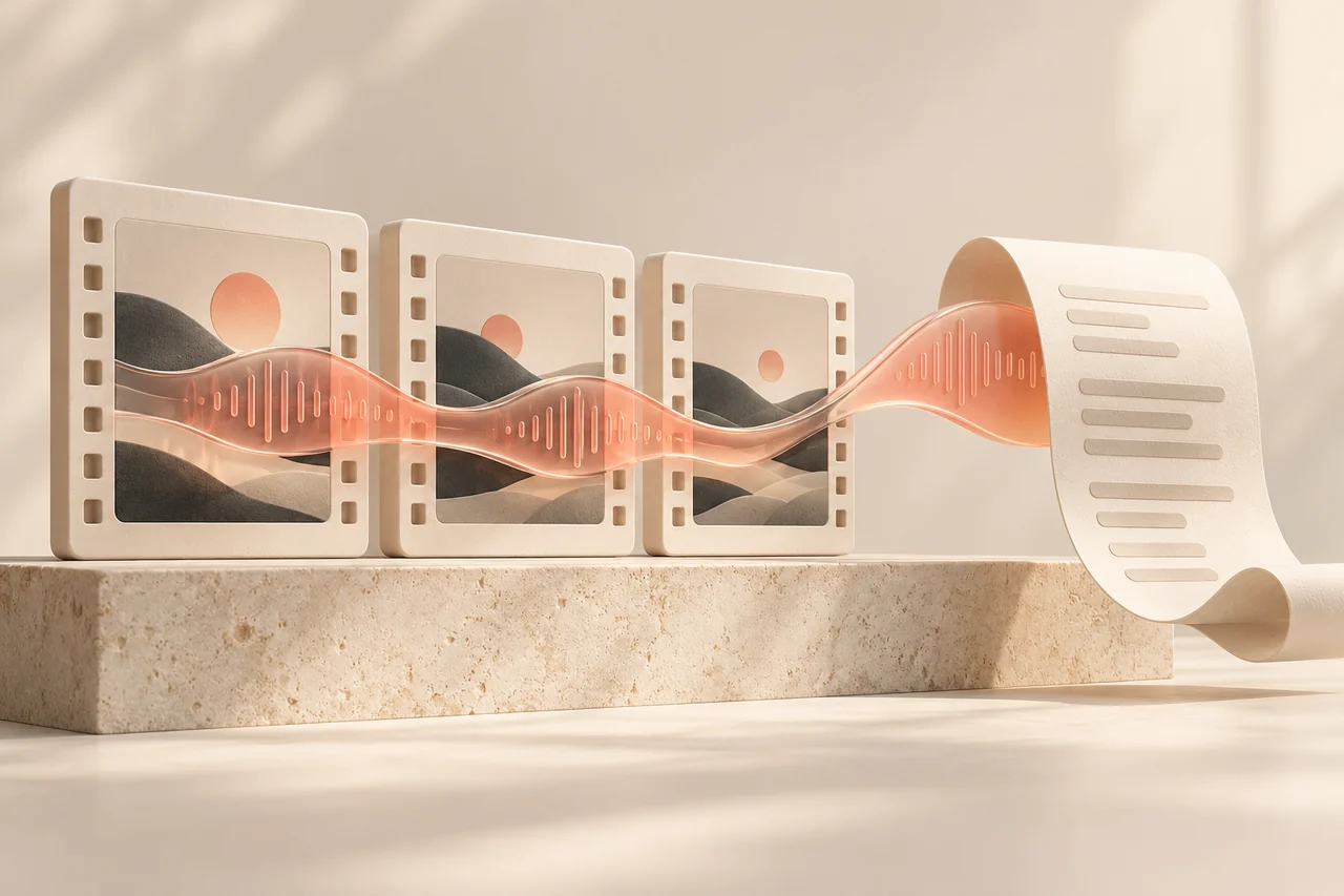 An abstract film frame feeding a coral voice ribbon into a paper transcript for video to text