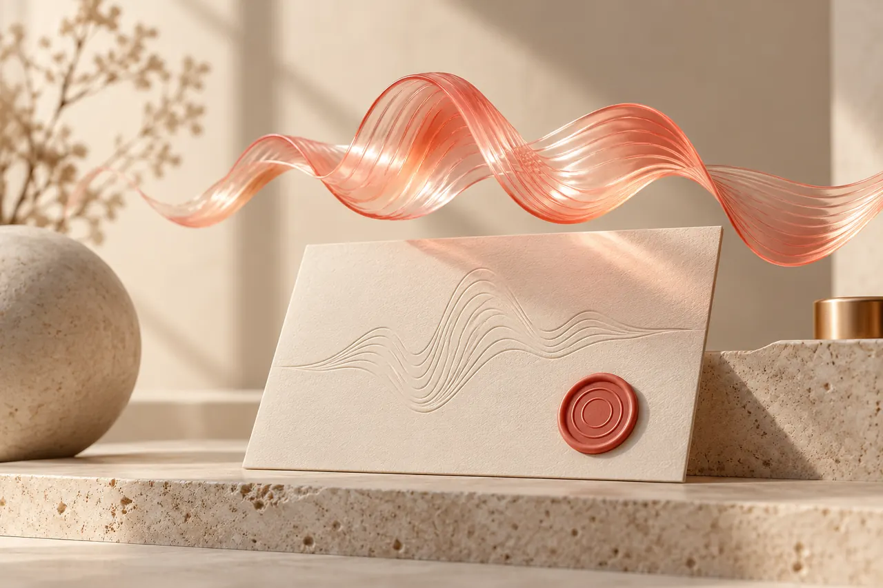 A signed consent card with a coral voice ribbon and secure seal for voice cloning consent