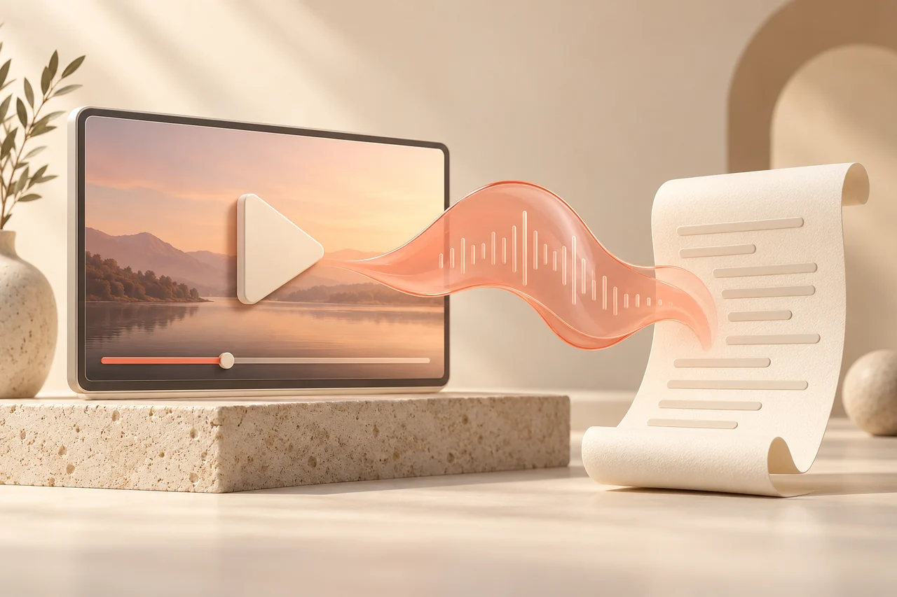 An abstract video screen feeding a coral voice ribbon into a paper transcript for YouTube transcription